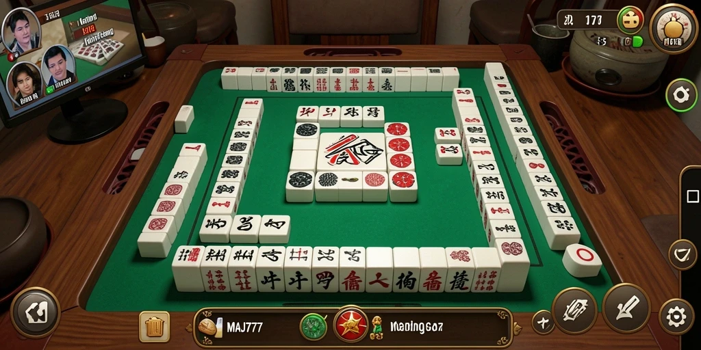 Tampilan gameplay MAJ777 yang menarik dengan ubin Mahjong berwarna-warni.
