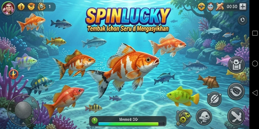 Tampilan gameplay SPINLUCKY dengan berbagai jenis ikan yang dapat ditangkap.