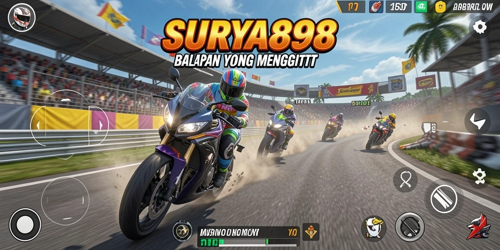 Screenshot gameplay SURYA898 menampilkan balapan motor yang seru.